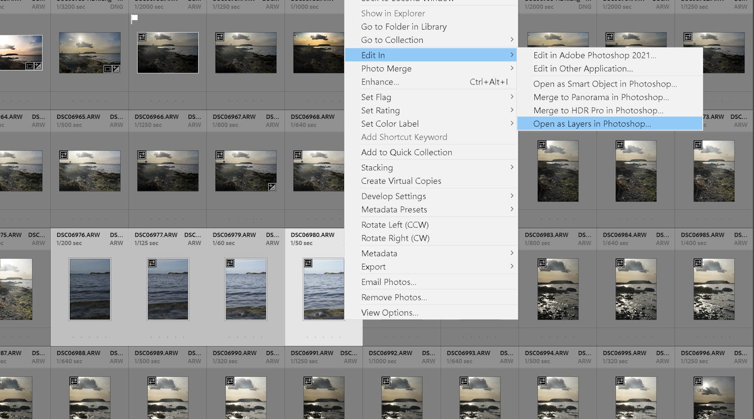 aabnbilleder som lag Markerar flera bilder Lightroom